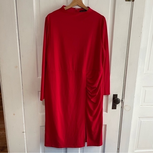 🥒 Eloquii Red Long Sleeve Ruched Sheath Mini Dress Leg Slit Red Women’s Plus 16 - Picture 2 of 11